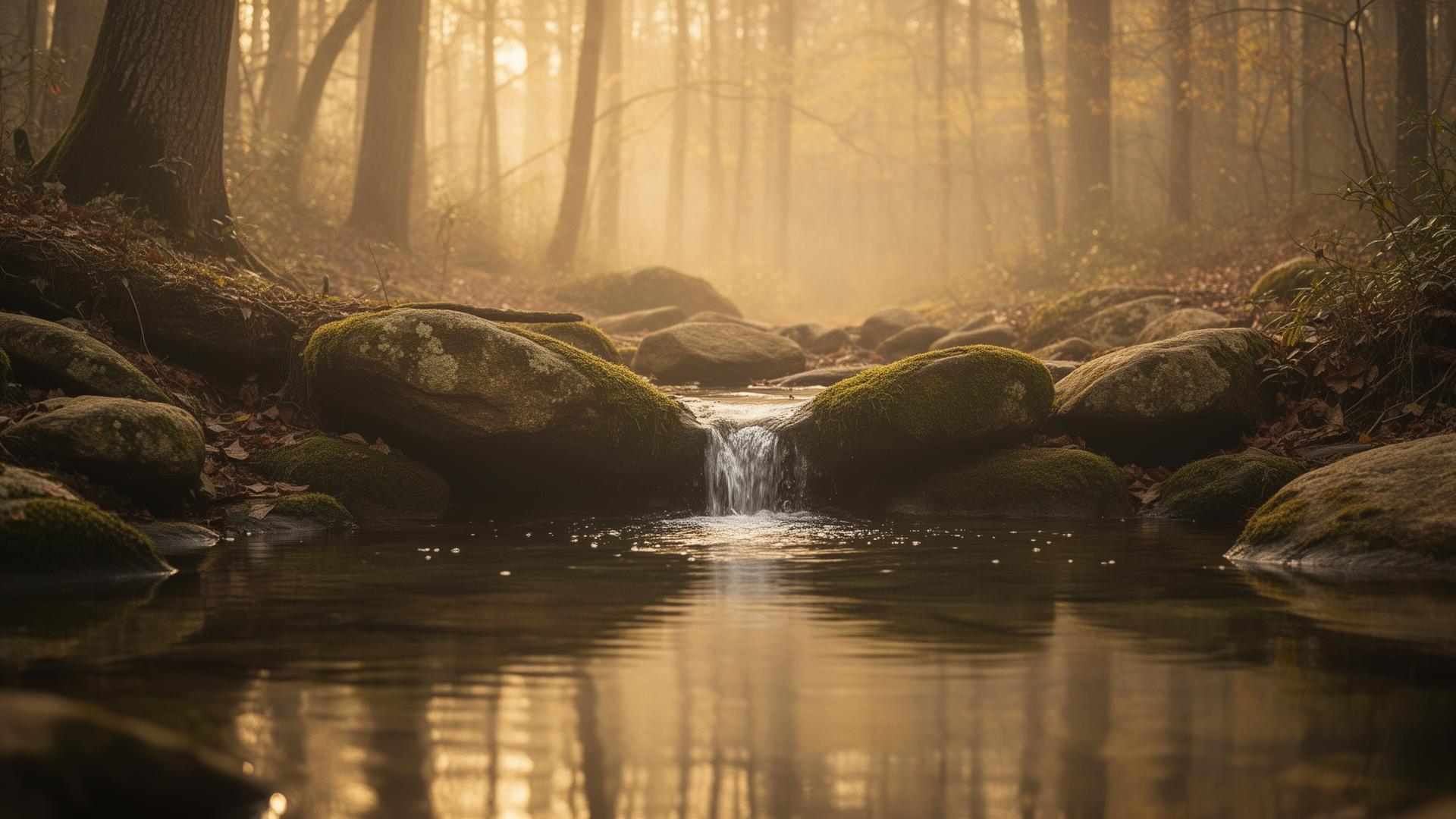 A quiet North Georgia wellspring at dawn — clear water rising through moss-covered stones into a still pool